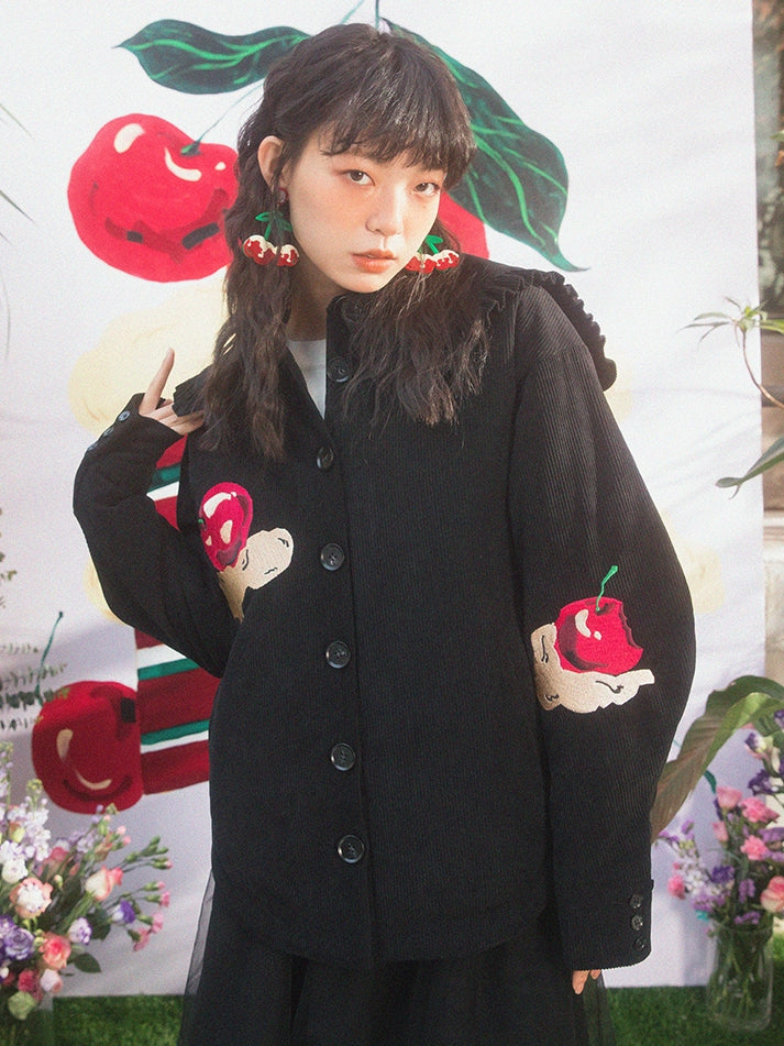 Cream Cherry Pattern Embroidery Navy Collar Jacket