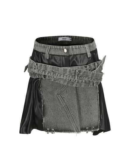 DAMAGE HALTER-NECK SLEEVESSS LEATHER TOPS &amp; SHORT-SKIRT