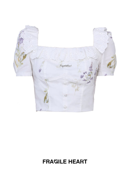 Lace Flower Natural Frill Girly PLEATS BLOUSE &amp; SHORT-SKIRT