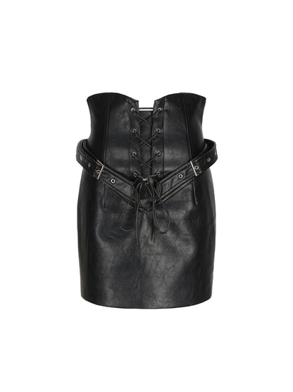 Leather Handsome Cool Lace-UP TOPS &amp; SKIRT