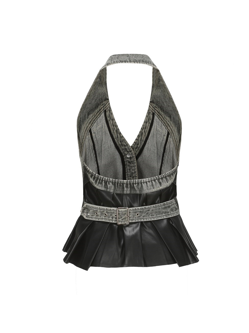 DAMAGE HALTER-NECK SLEEVESSS LEATHER TOPS &amp; SHORT-SKIRT