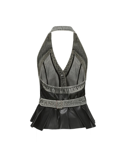 Damage Halter-neck Sleeveless Leather Tops&amp;Short-Skirt