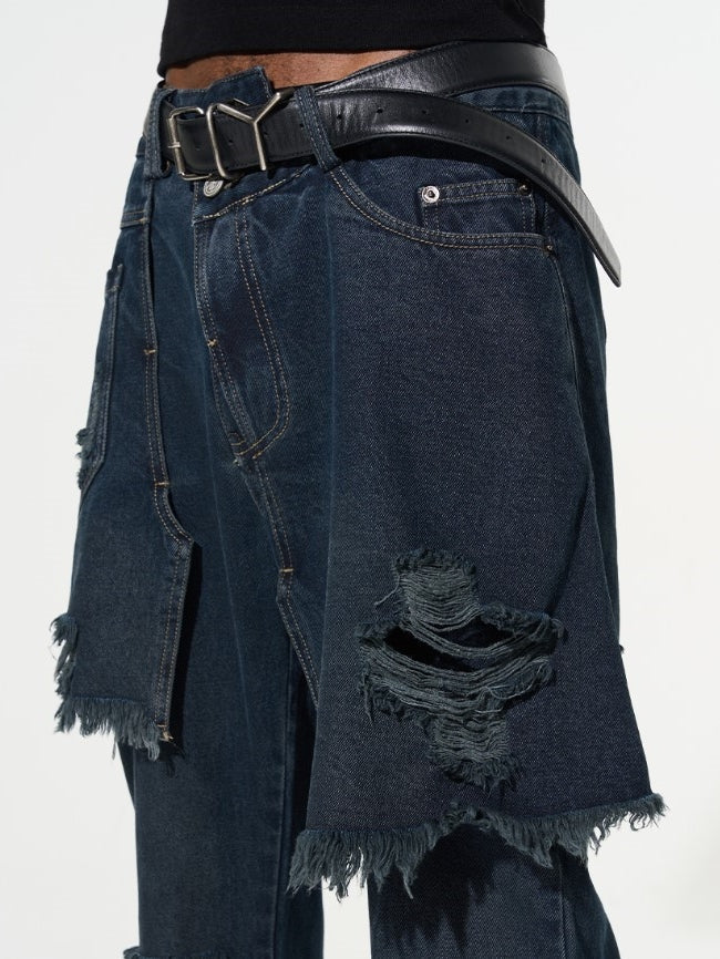 Fake Two Piece Stitched Flared Denim Pants