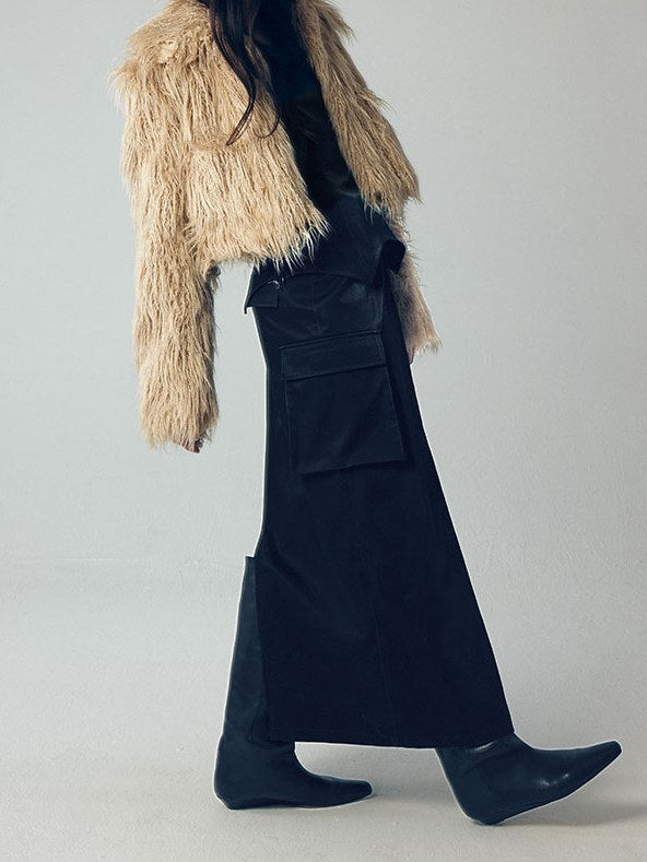 Denim Leather Straight Long Skirt