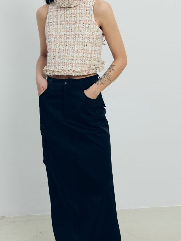 Denim Leather Straight Long Skirt