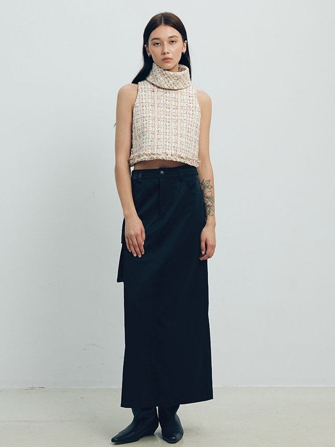 Denim Leather Straight Long Skirt