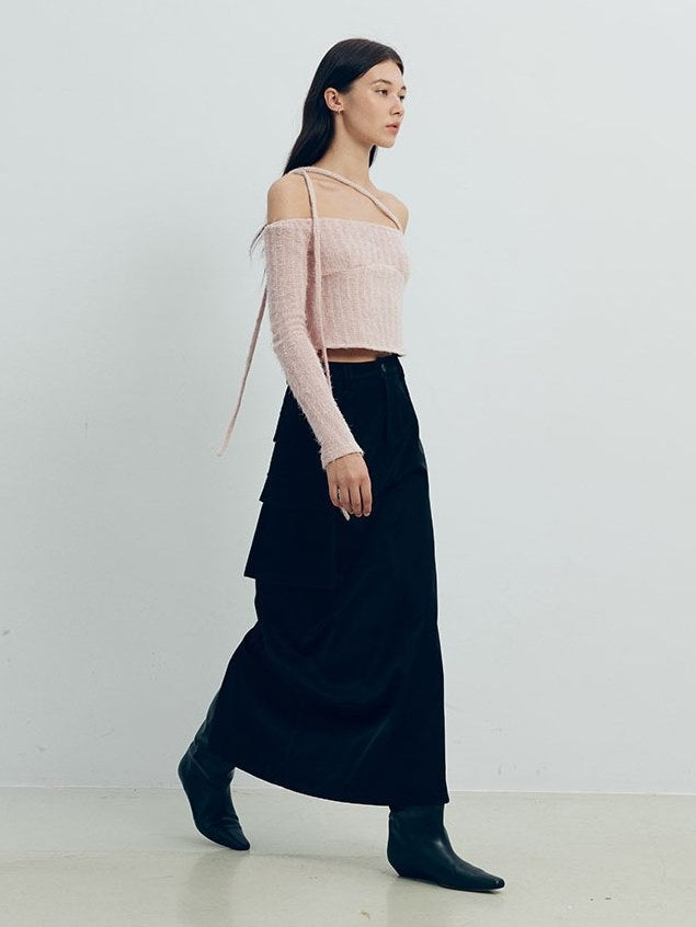 Denim Leather Straight Long Skirt