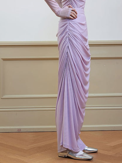 Draped Shirred Irregular Straight Long Skirt