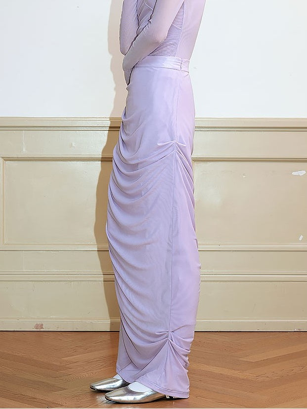 Draped Shirred Irregular Straight Long Skirt