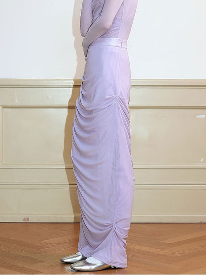 Draped Shirred Irregular Straight Long Skirt