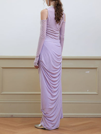 Draped Shirred Irregular Straight Long Skirt