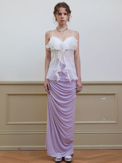 Draped Shirred Irregular Straight Long Skirt