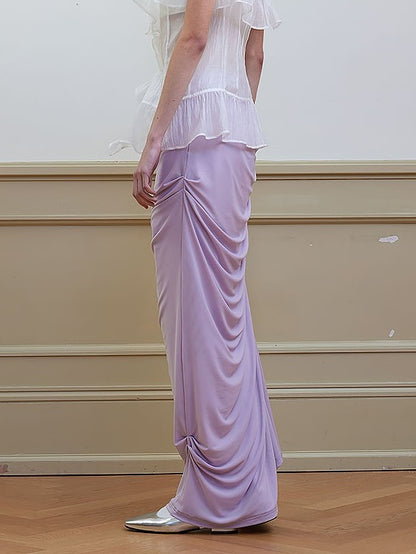 Draped Shirred Irregular Straight Long Skirt