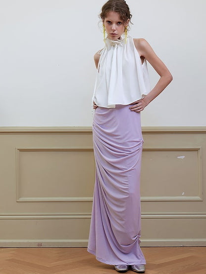 Draped Shirred Irregular Straight Long Skirt