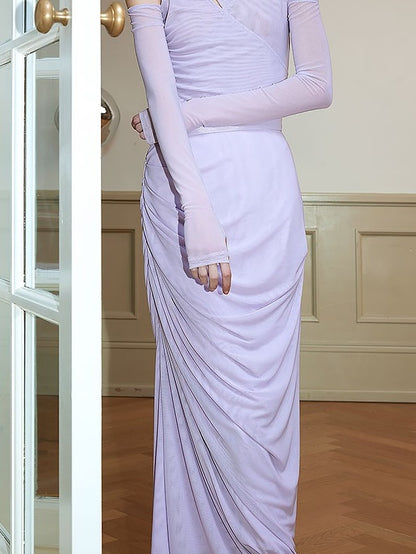 Draped Shirred Irregular Straight Long Skirt