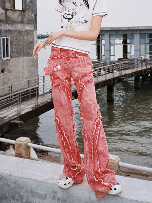 Red Paneled Frayed Jeans --cfierce – ARCANA ARCHIVE