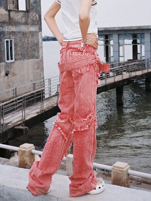 Red Paneled Frayed Jeans - CFIERCE – ARCANA ARCHIVE