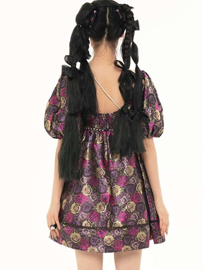 Rose Jacquard Puffhülle Kleid