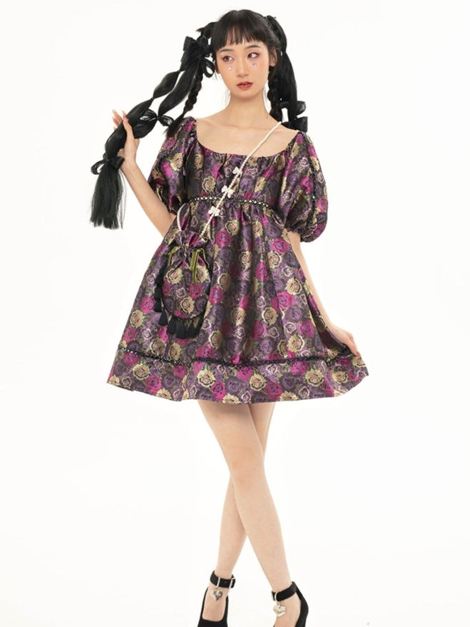Rose Jacquard Puffhülle Kleid