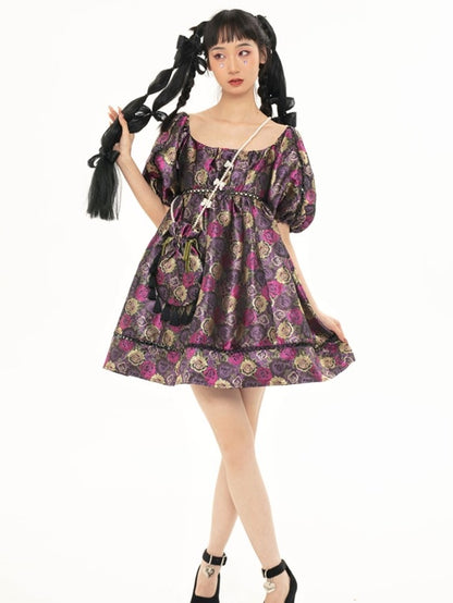 Rose Jacquard Puffhülle Kleid