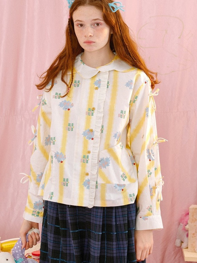 불규칙한 칼라 스트라이프 활 매듭 셔츠