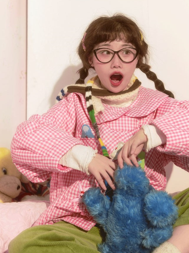 달러 칼라 느슨한 격자 무늬 코트