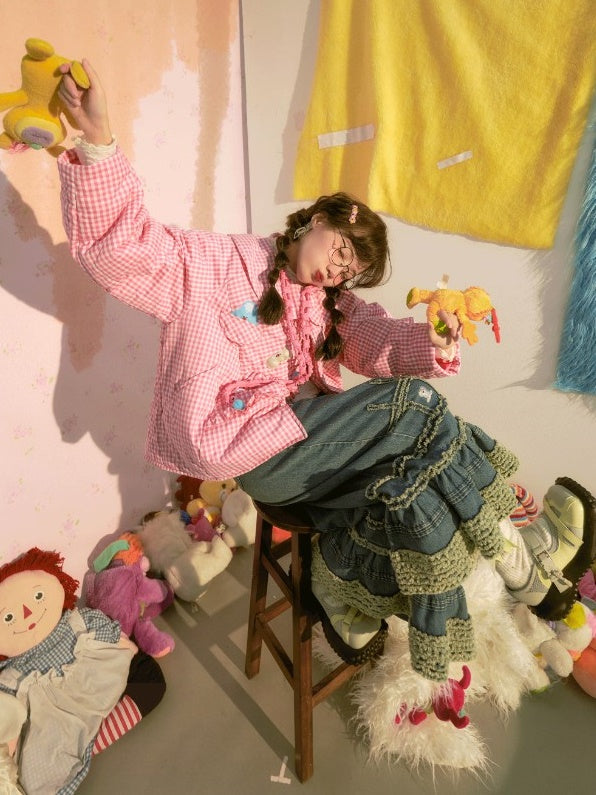 달러 칼라 느슨한 격자 무늬 코트