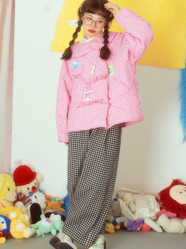 달러 칼라 느슨한 격자 무늬 코트