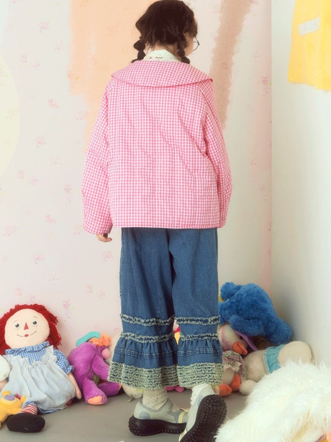 달러 칼라 느슨한 격자 무늬 코트