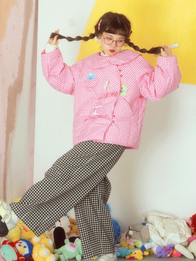 달러 칼라 느슨한 격자 무늬 코트