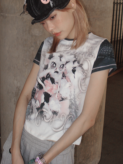 버니 프린트 짧은 슬리브 티셔츠