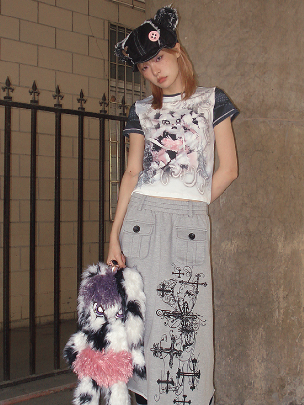 버니 프린트 짧은 슬리브 티셔츠