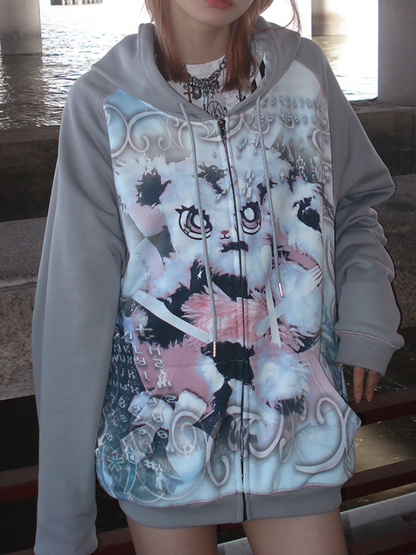 토끼 프린트 느슨한 지퍼 업 파카