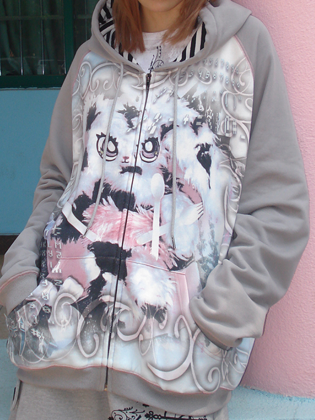 토끼 프린트 느슨한 지퍼 업 파카