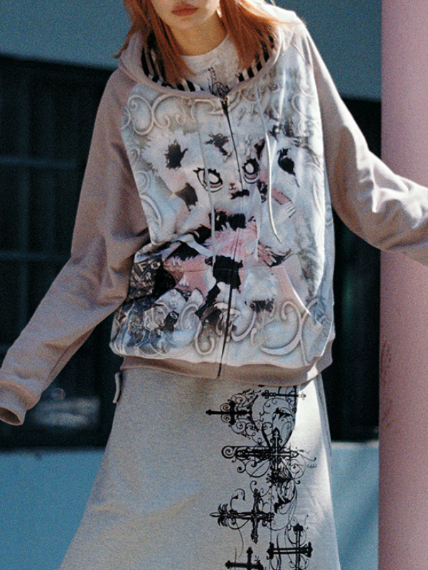 토끼 프린트 느슨한 지퍼 업 파카