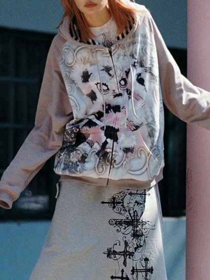 토끼 프린트 느슨한 지퍼 업 파카