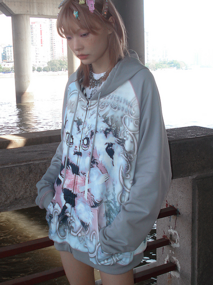 토끼 프린트 느슨한 지퍼 업 파카