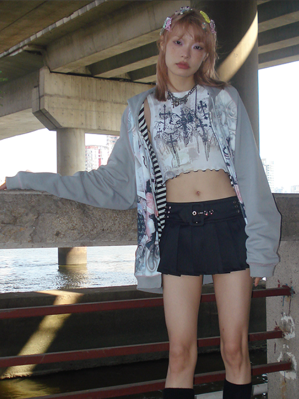 토끼 프린트 느슨한 지퍼 업 파카