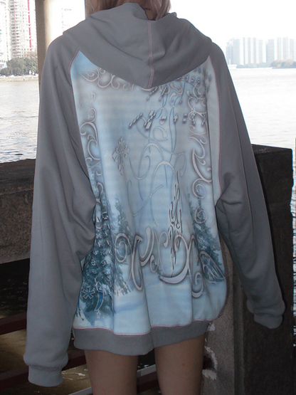 토끼 프린트 느슨한 지퍼 업 파카