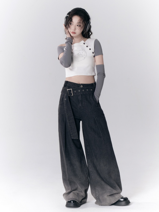 비대칭 끈이없는 슬리브 티셔츠