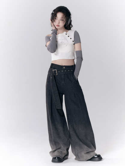 비대칭 끈이없는 슬리브 티셔츠