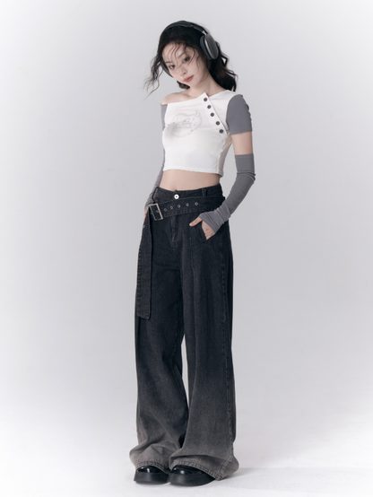 비대칭 끈이없는 슬리브 티셔츠