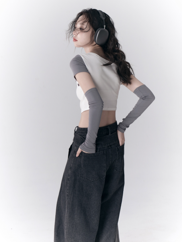 비대칭 끈이없는 슬리브 티셔츠