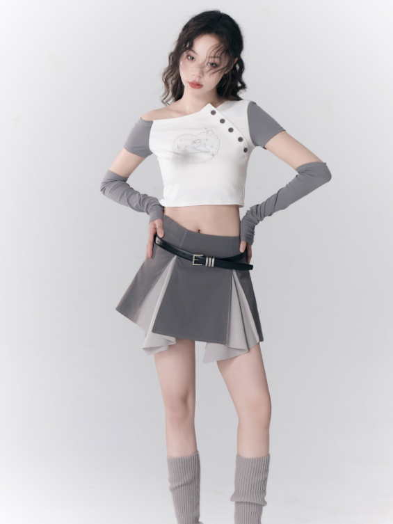 비대칭 끈이없는 슬리브 티셔츠