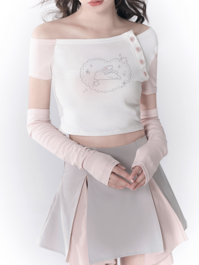 비대칭 끈이없는 슬리브 티셔츠