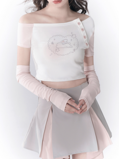 비대칭 끈이없는 슬리브 티셔츠