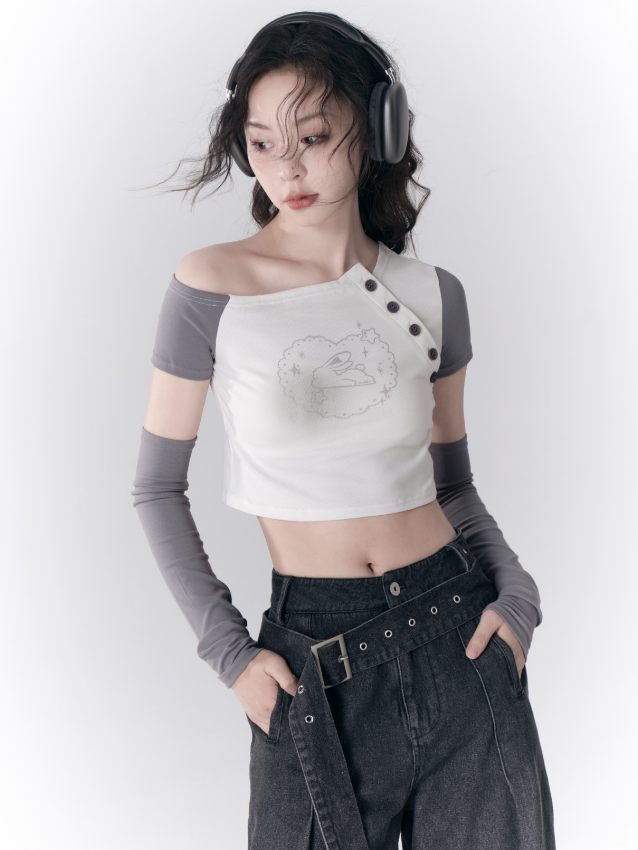 비대칭 끈이없는 슬리브 티셔츠