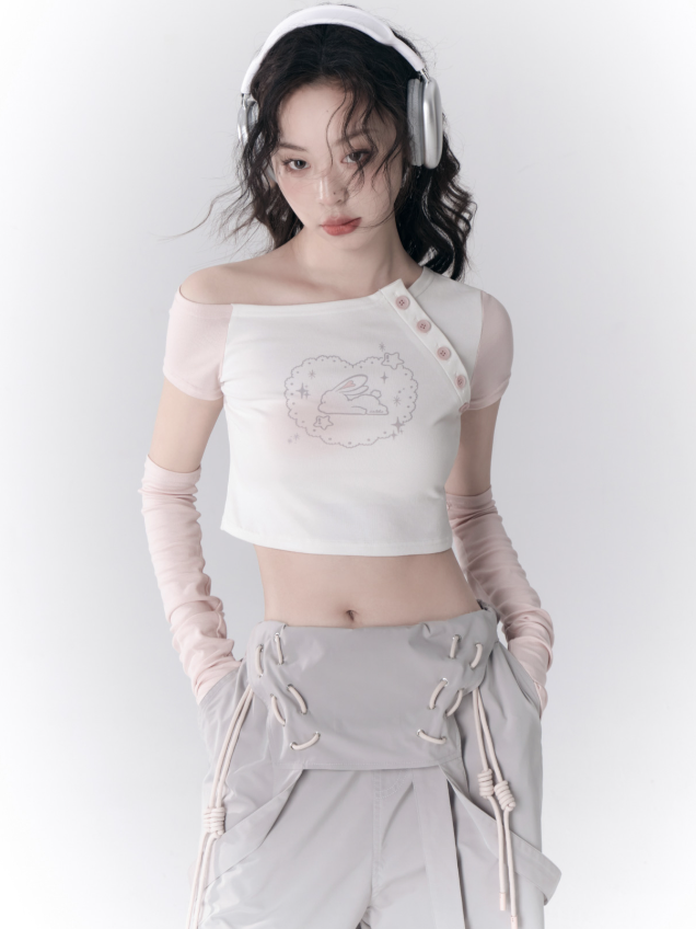 비대칭 끈이없는 슬리브 티셔츠