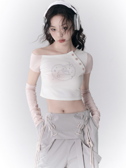 비대칭 끈이없는 슬리브 티셔츠