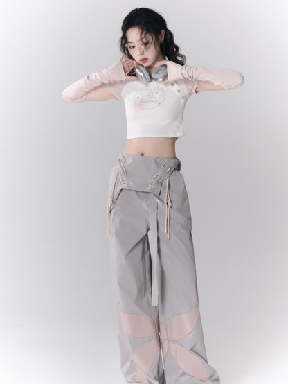 비대칭 끈이없는 슬리브 티셔츠